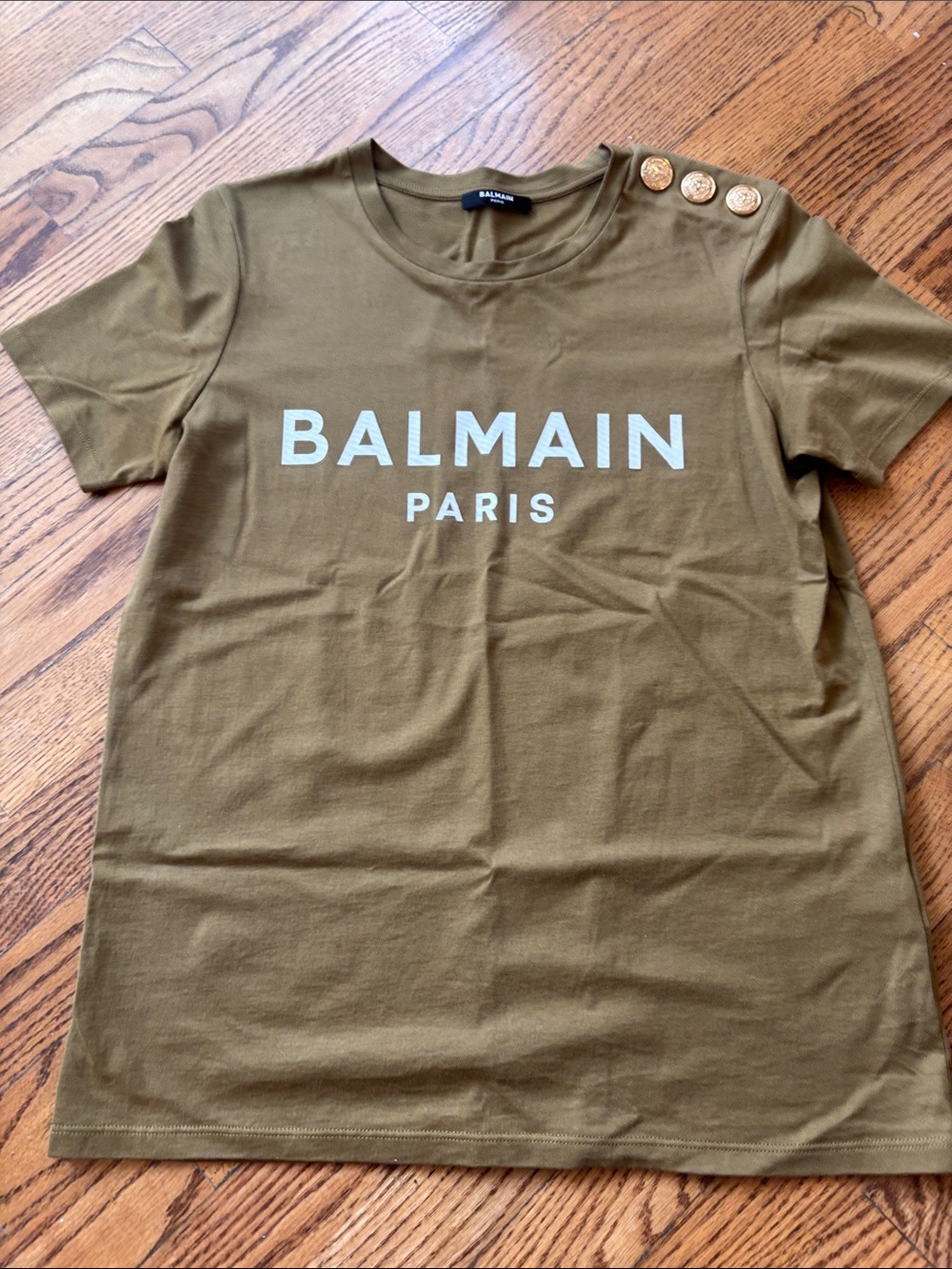 Balmain Olive Green Logo Tee with Gold Medallion Buttons